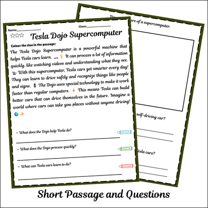 Tesla Dojo Supercomputer | Short Reading Comprehension Creative Worksheet