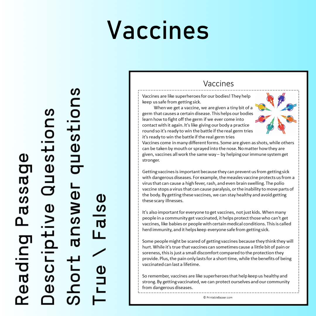 Vaccines | Reading Comprehension Passage Printable Worksheet