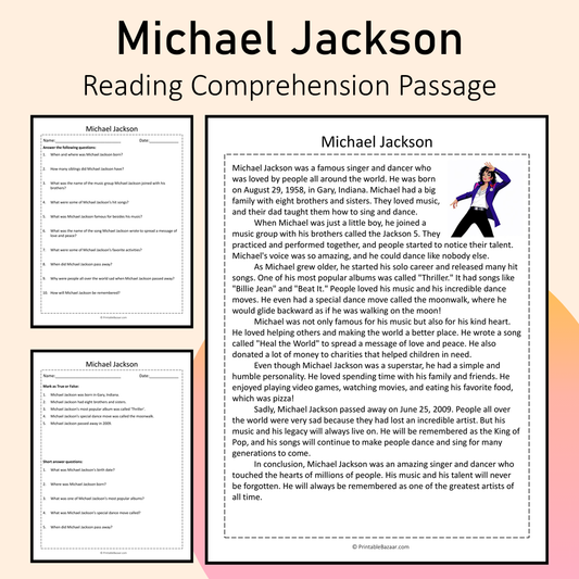 Michael Jackson | Reading Comprehension Passage Printable Activity