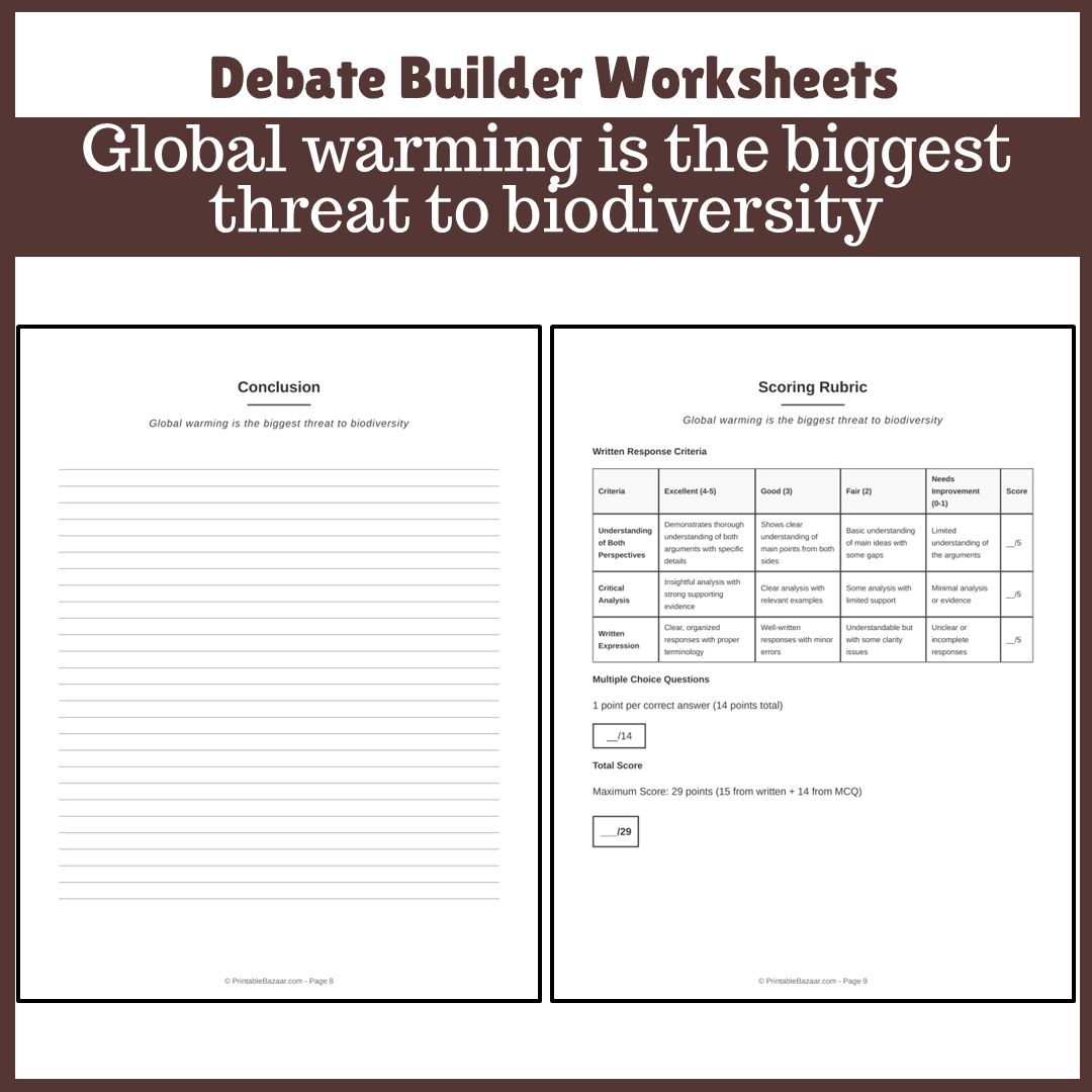 Global warming is the biggest threat to biodiversity | Favour and Against Worksheet Printable Activity
