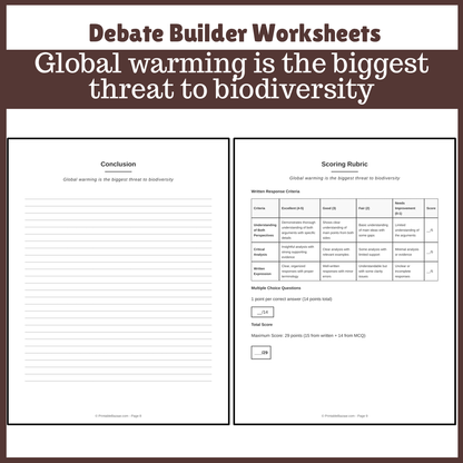 Global warming is the biggest threat to biodiversity | Favour and Against Worksheet Printable Activity
