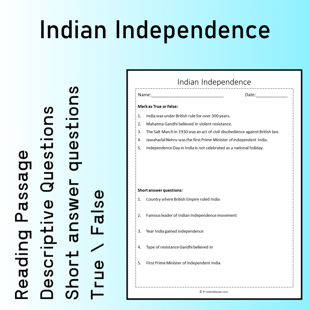 Indian Independence | Reading Comprehension Passage Printable Worksheet