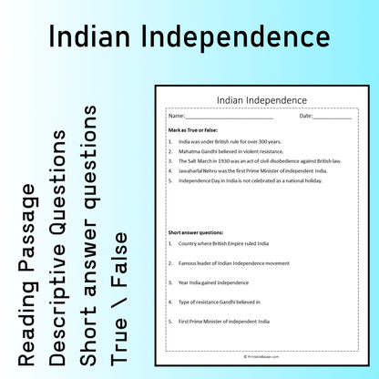 Indian Independence | Reading Comprehension Passage Printable Worksheet