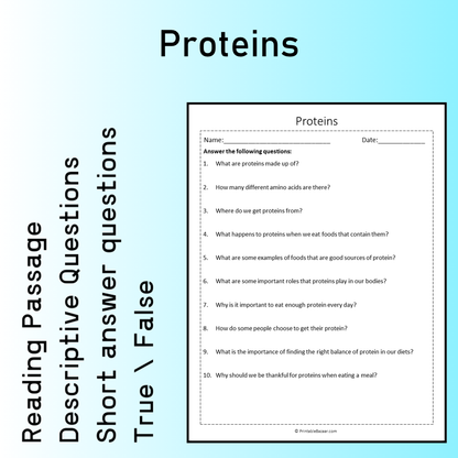 Proteins | Reading Comprehension Passage Printable Worksheet