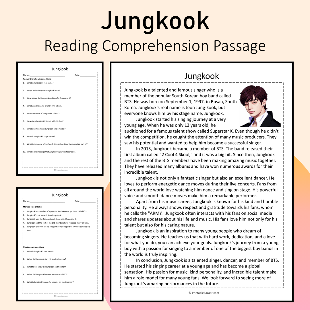 Jungkook | Reading Comprehension Passage Printable Activity
