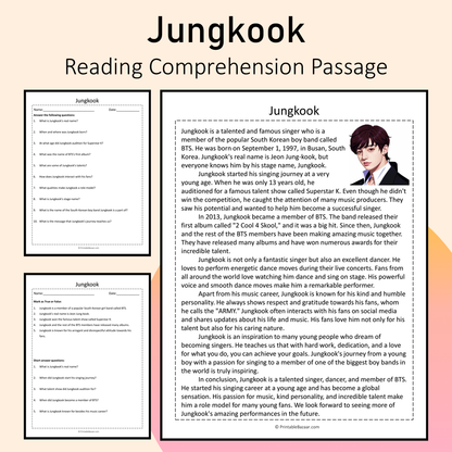 Jungkook | Reading Comprehension Passage Printable Activity