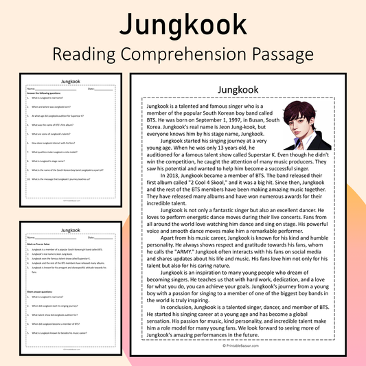 Jungkook | Reading Comprehension Passage Printable Activity
