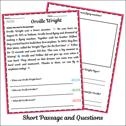 Orville Wright | Short Reading Comprehension Creative Worksheet