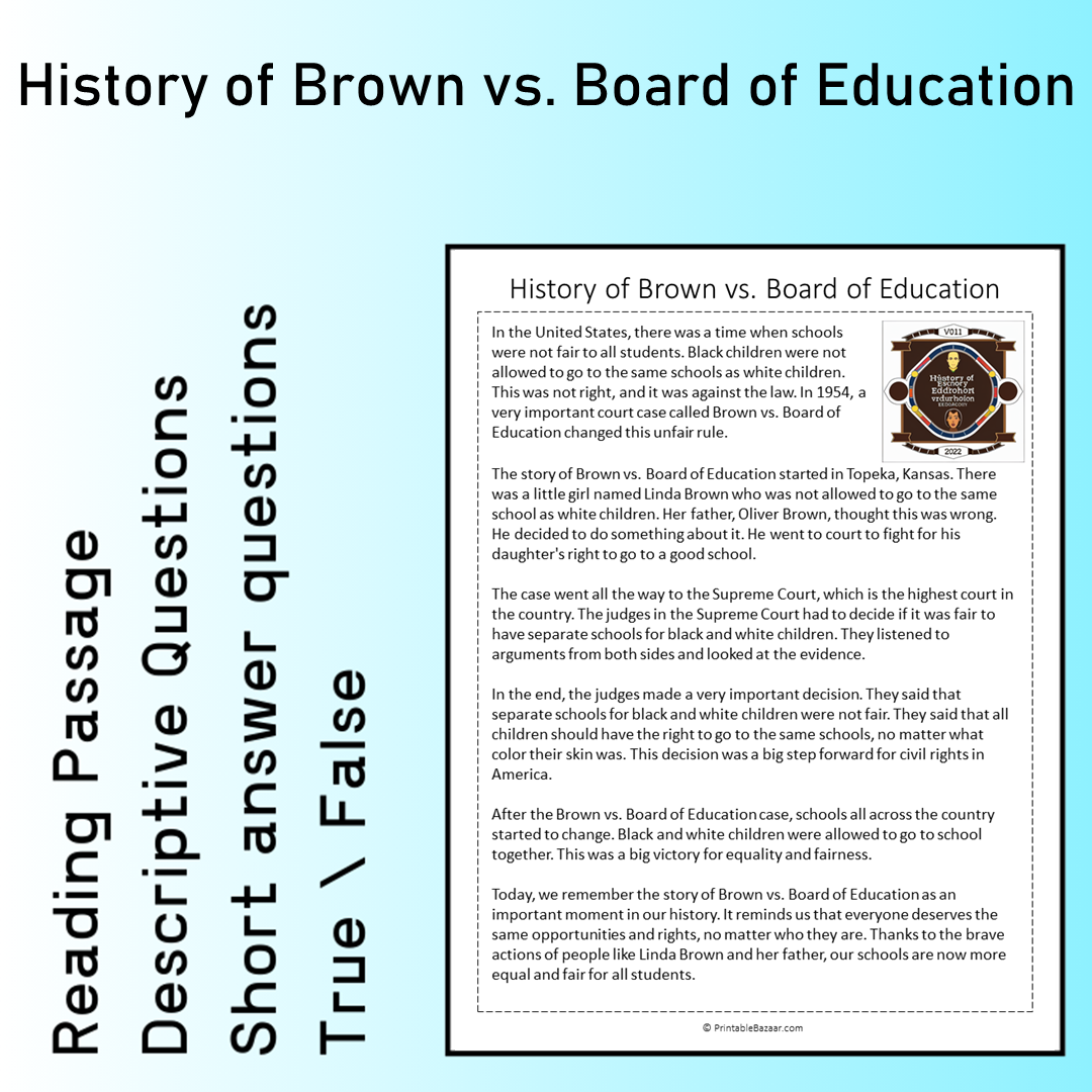 History of Brown vs. Board of Education | Reading Comprehension Passage Printable Worksheet