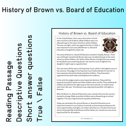 History of Brown vs. Board of Education | Reading Comprehension Passage Printable Worksheet