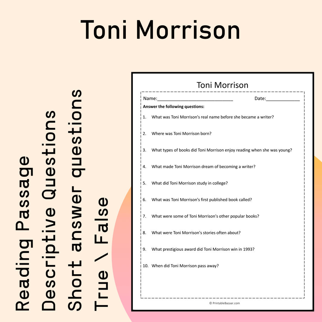 Toni Morrison | Reading Comprehension Passage Printable Activity