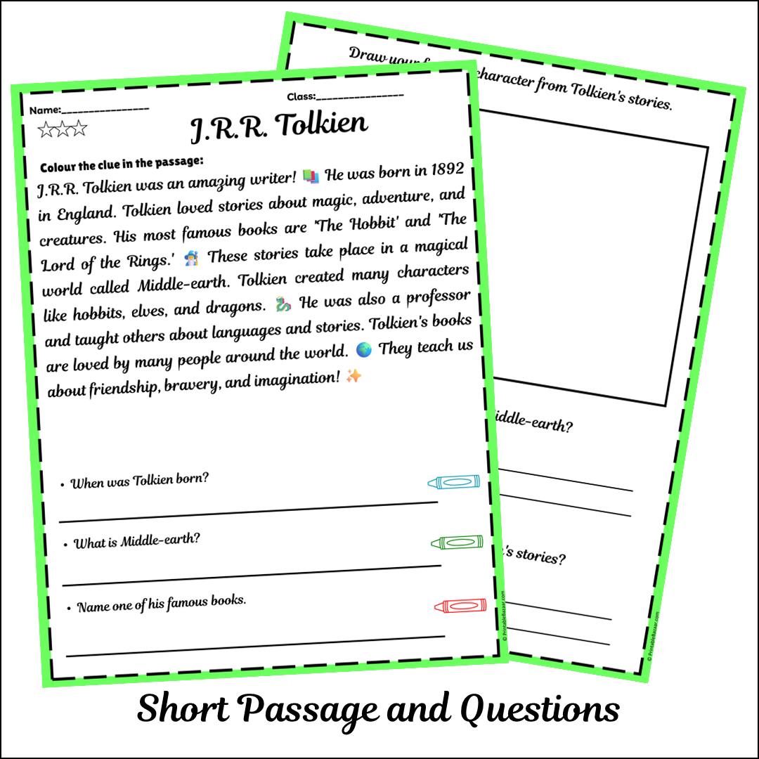 J.R.R. Tolkien | Short Reading Comprehension Creative Worksheet