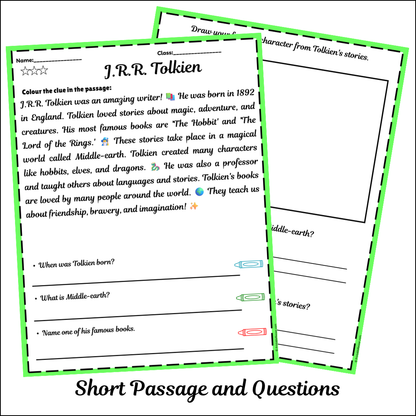 J.R.R. Tolkien | Short Reading Comprehension Creative Worksheet