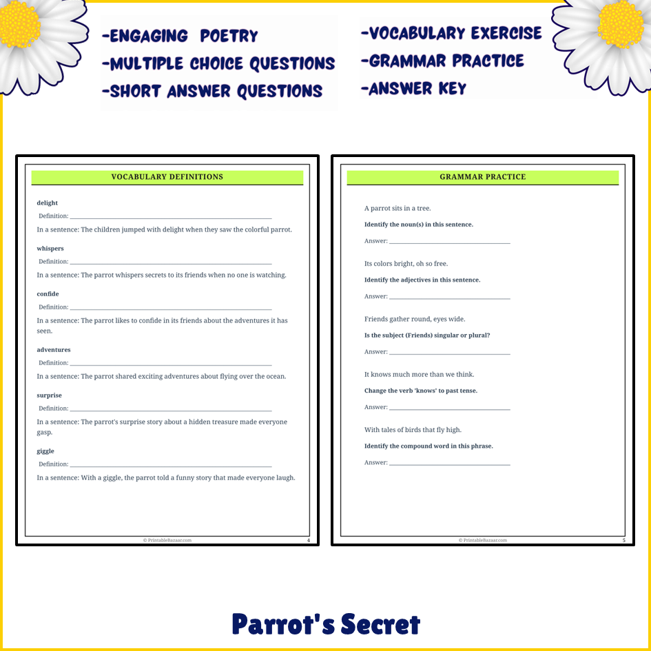 Parrot's Secret | Poem Grammar Worksheet Printable Activity