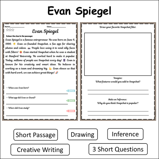 Evan Spiegel | Short Reading Comprehension Creative Worksheet