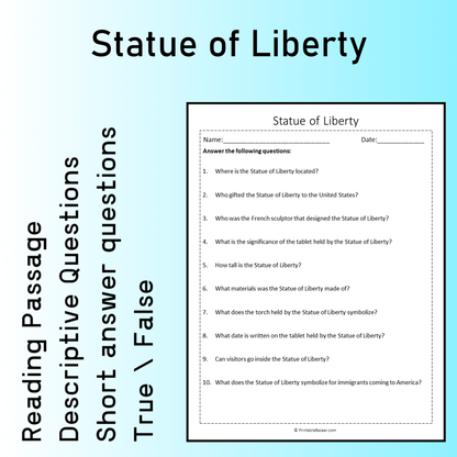 Statue of Liberty | Reading Comprehension Passage Printable Worksheet