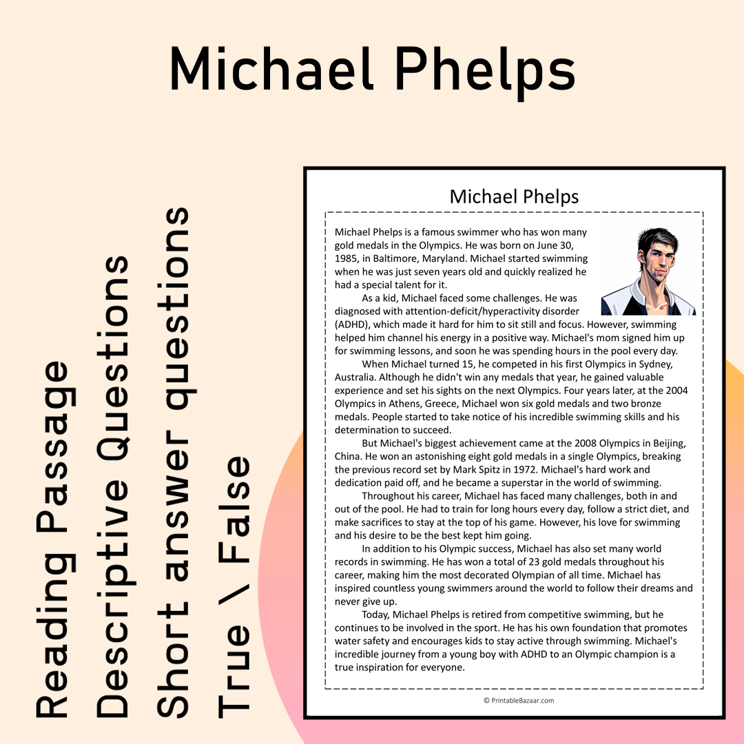 Michael Phelps | Reading Comprehension Passage Printable Activity