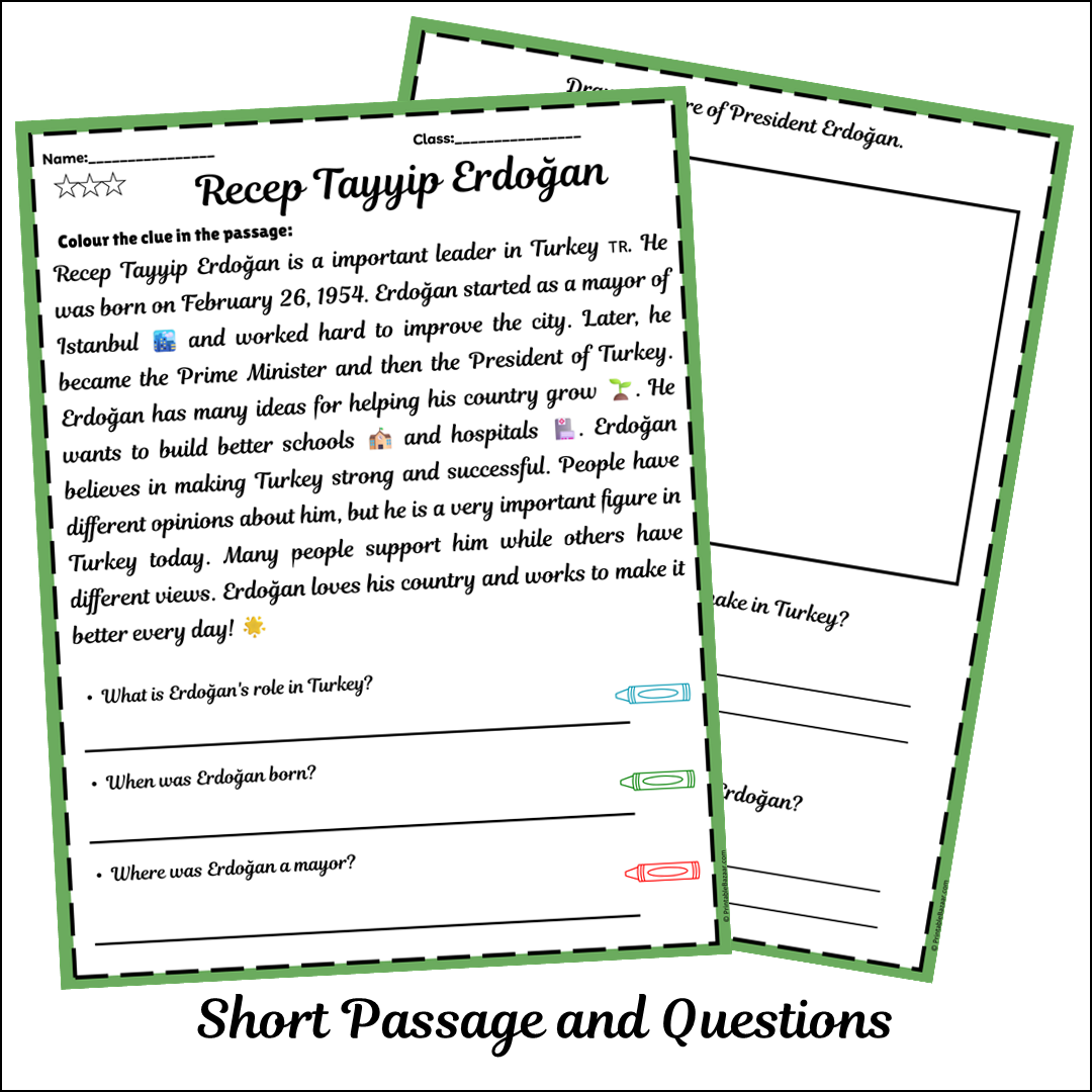 Recep Tayyip Erdoğan | Short Reading Comprehension Creative Worksheet
