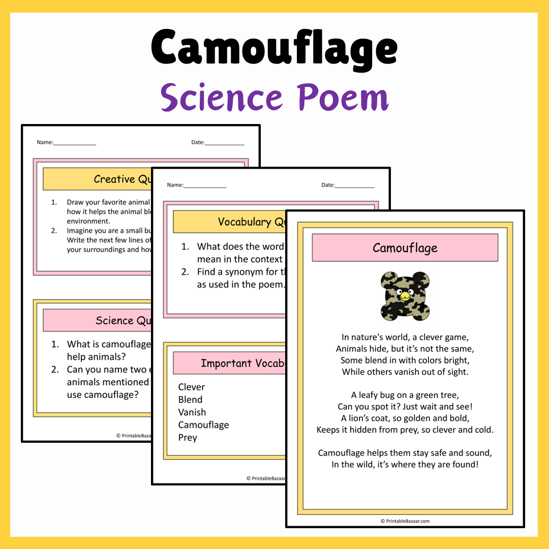 Camouflage | Science Poem Reading Comprehension Activity