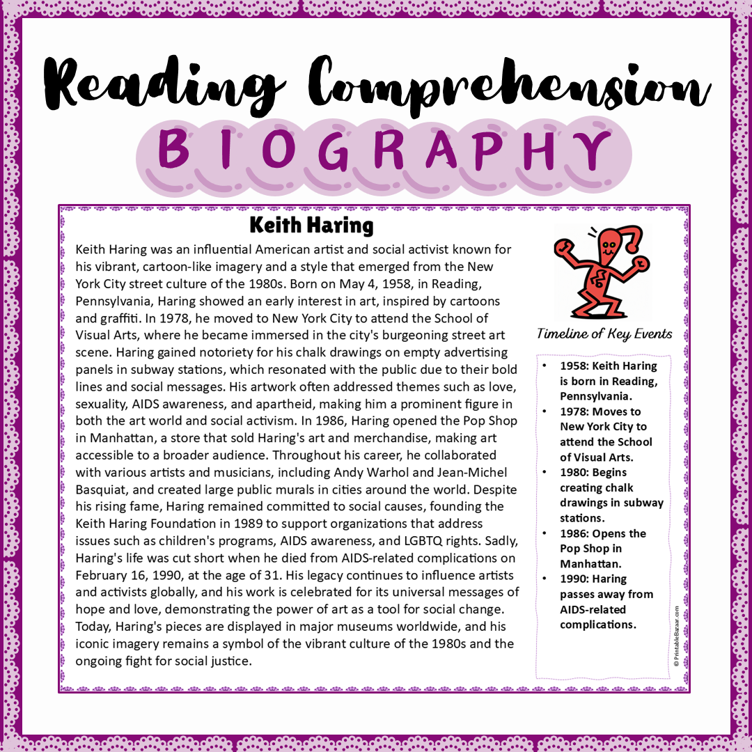 Keith Haring | Biography Reading Comprehension and Questions Worksheet