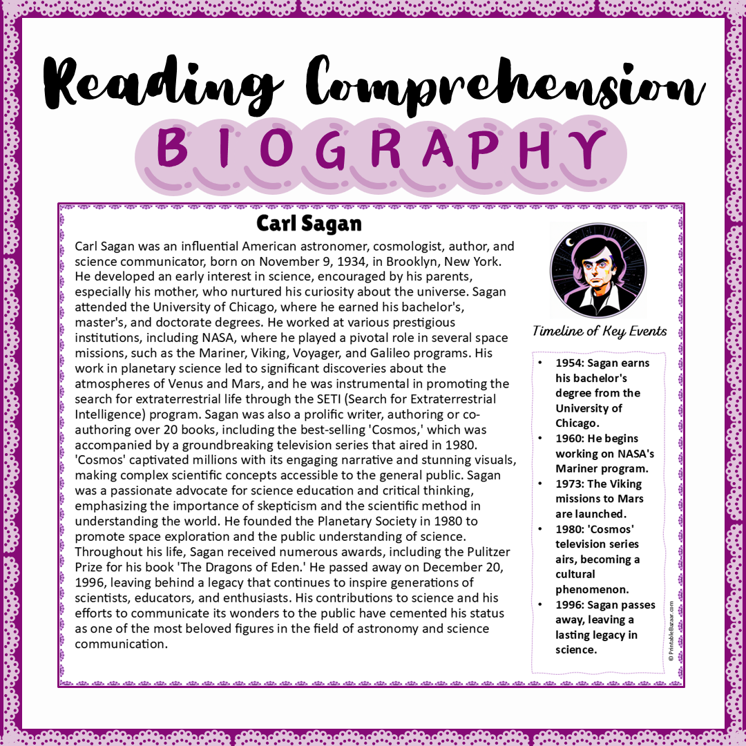 Carl Sagan | Biography Reading Comprehension and Questions Worksheet