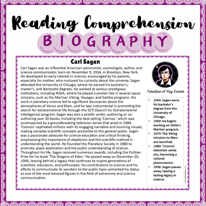 Carl Sagan | Biography Reading Comprehension and Questions Worksheet