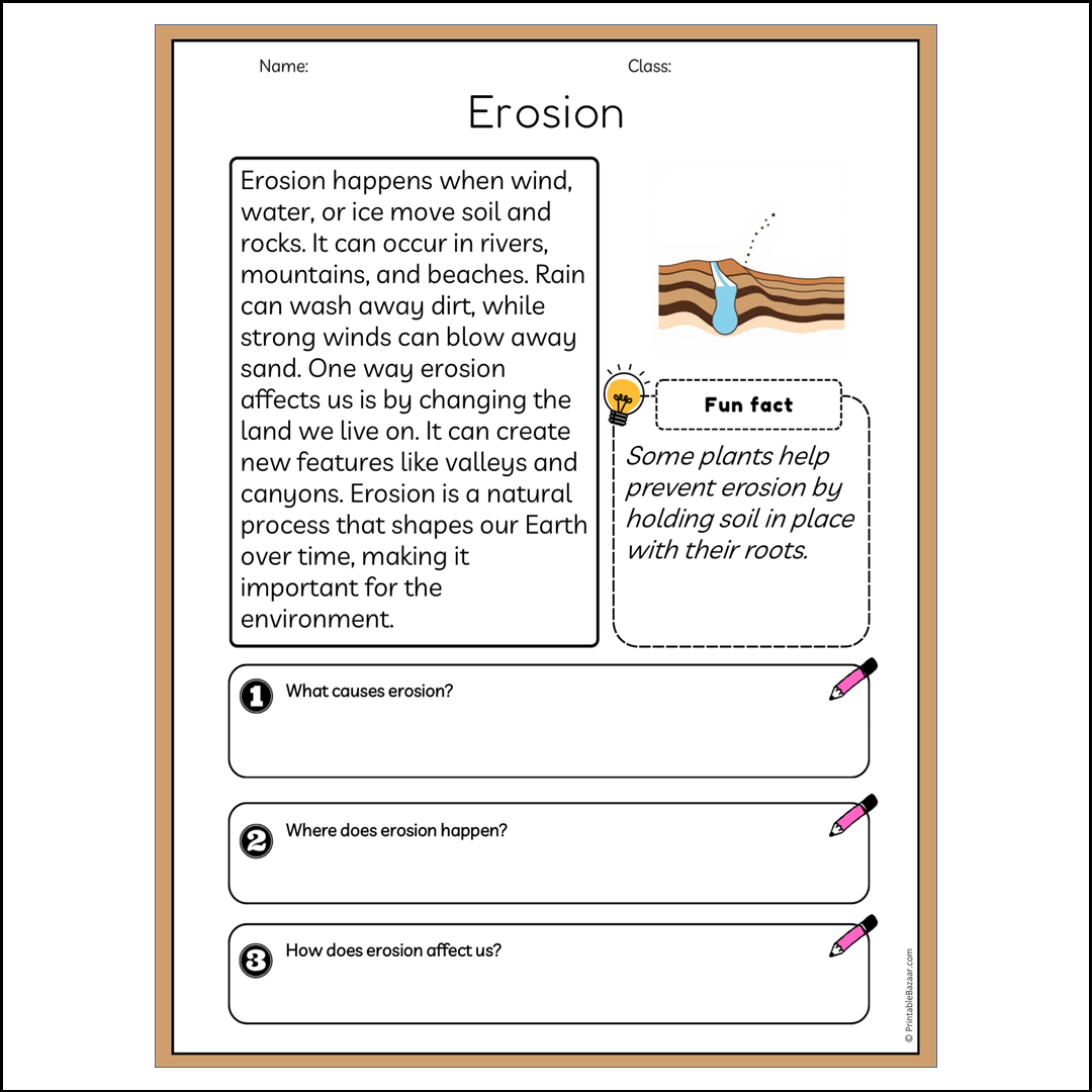 Erosion | Reading Passage Comprehension Questions Writing Facts Worksheet