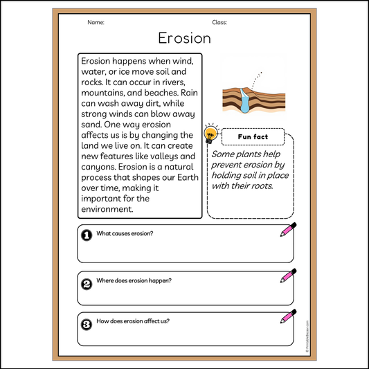 Erosion | Reading Passage Comprehension Questions Writing Facts Worksheet