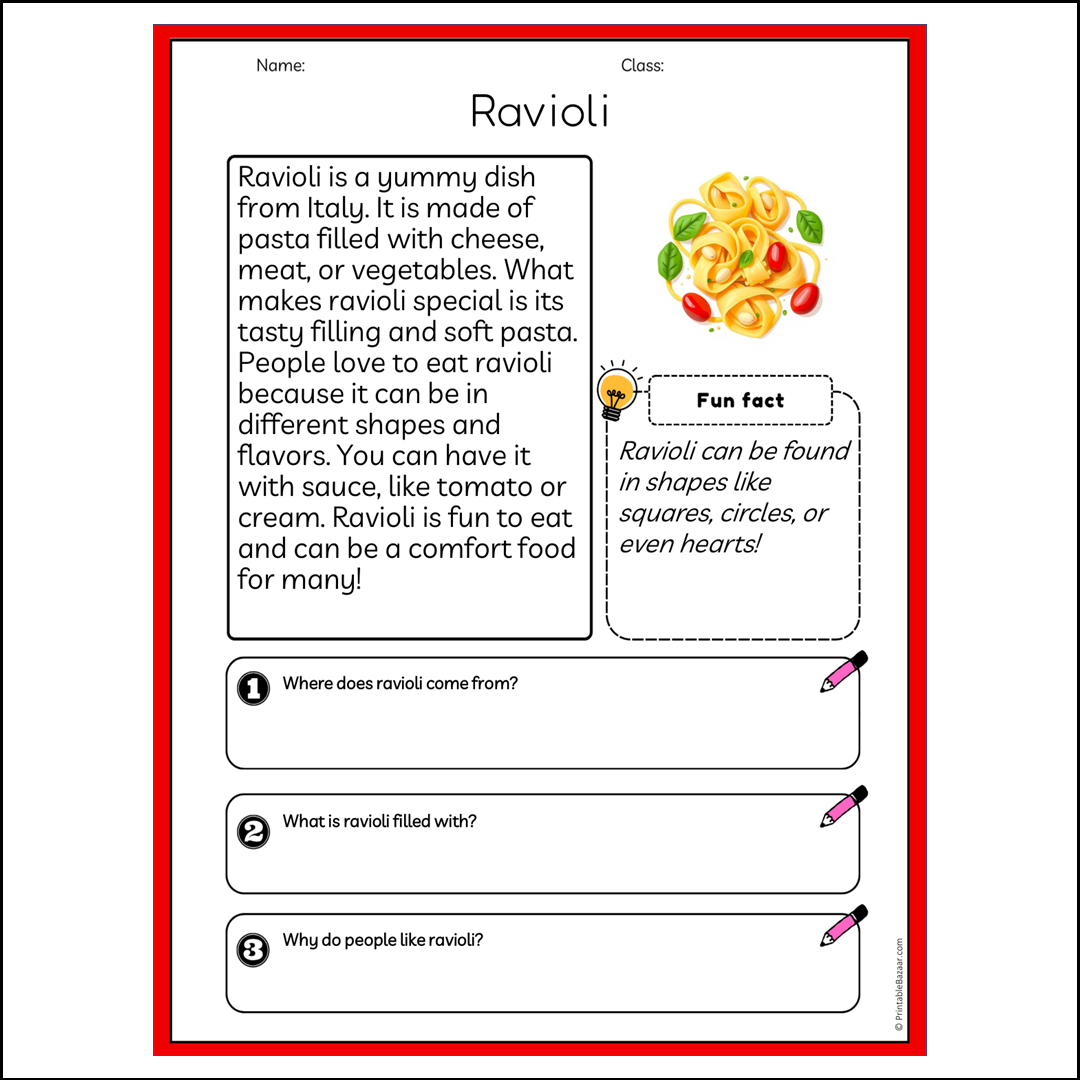 Ravioli | Reading Passage Comprehension Questions Writing Facts Worksheet