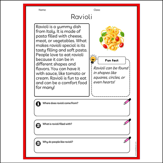 Ravioli | Reading Passage Comprehension Questions Writing Facts Worksheet