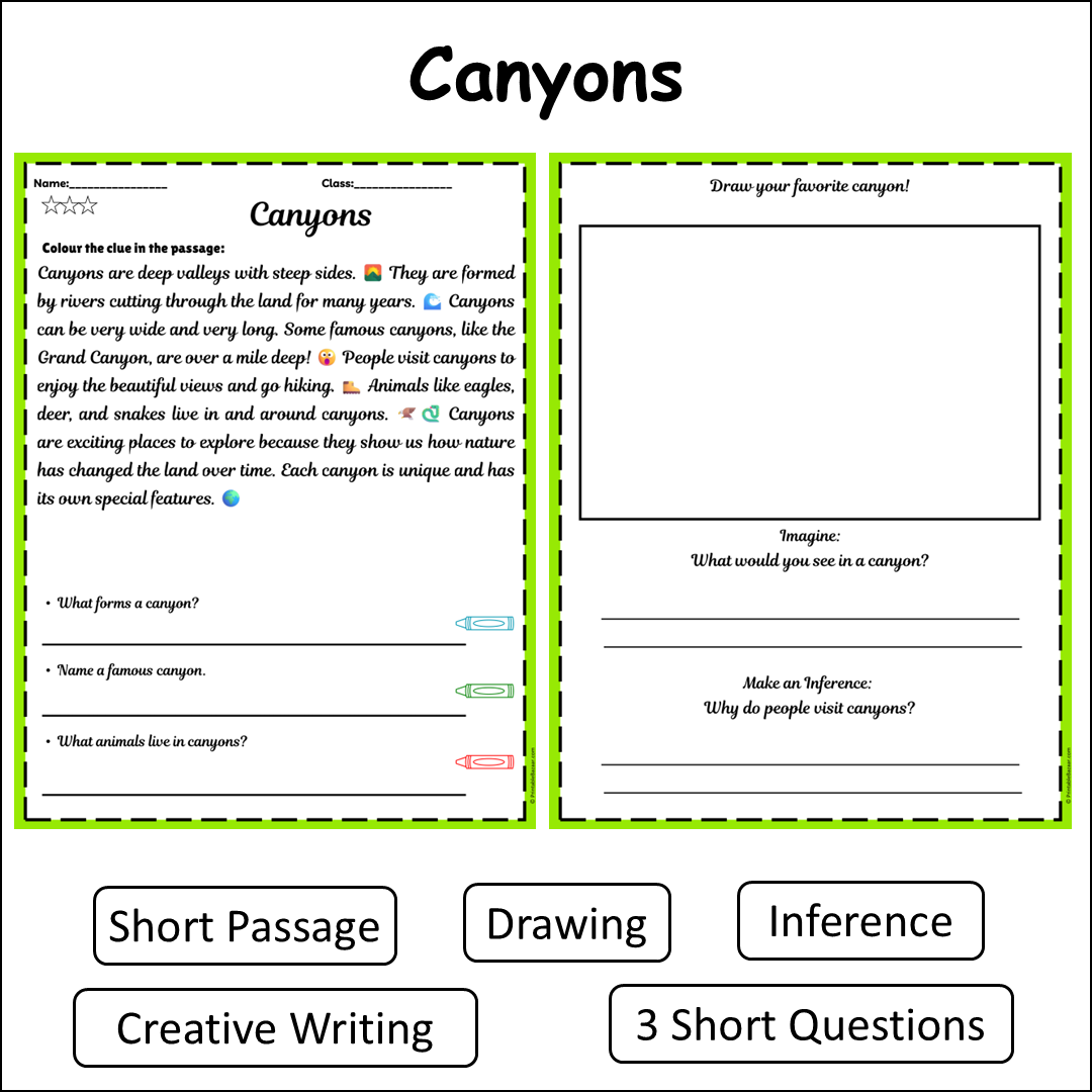 Canyons | Short Reading Comprehension Creative Worksheet
