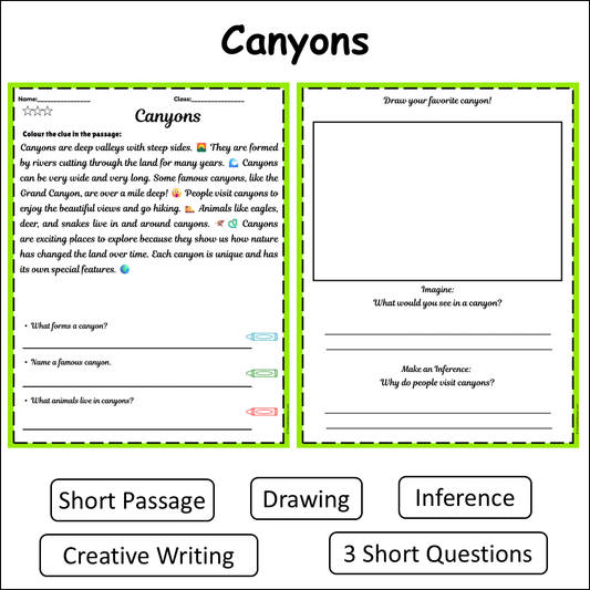 Canyons | Short Reading Comprehension Creative Worksheet