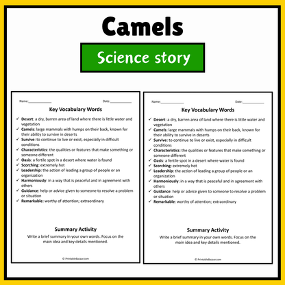 Camels | Science Story Reading Comprehension Activity