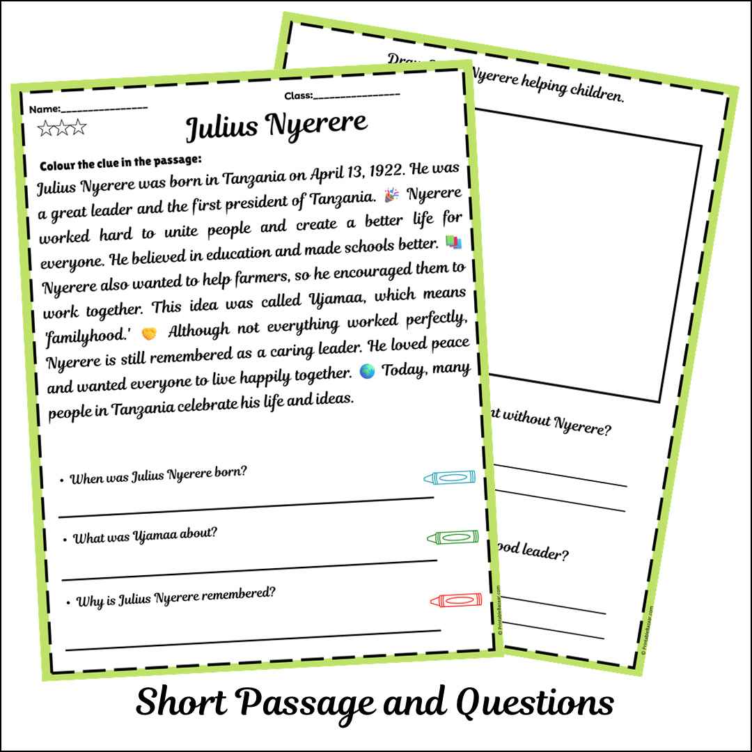 Julius Nyerere | Short Reading Comprehension Creative Worksheet