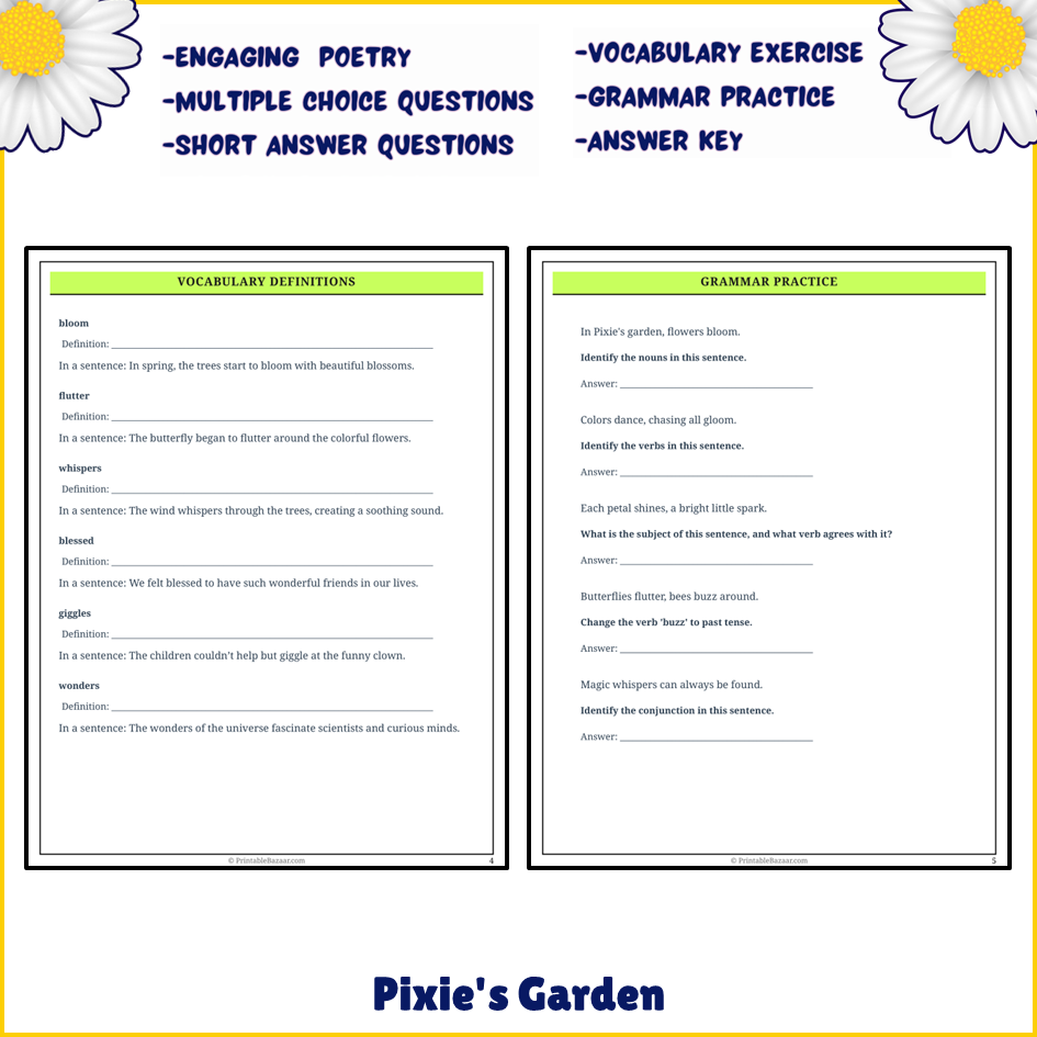 Pixie's Garden | Poem Grammar Worksheet Printable Activity