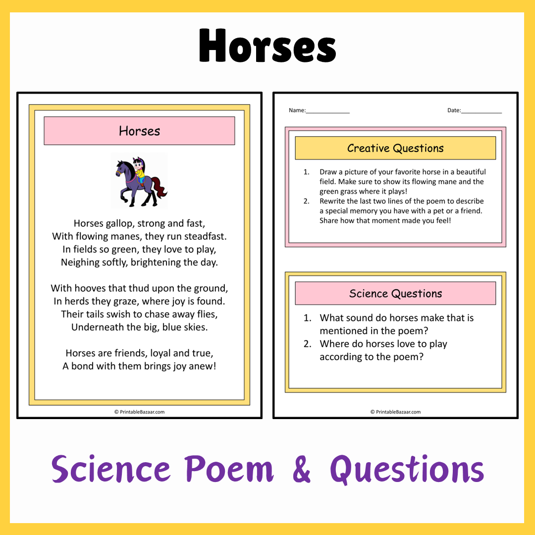 Horses | Science Poem Reading Comprehension Activity