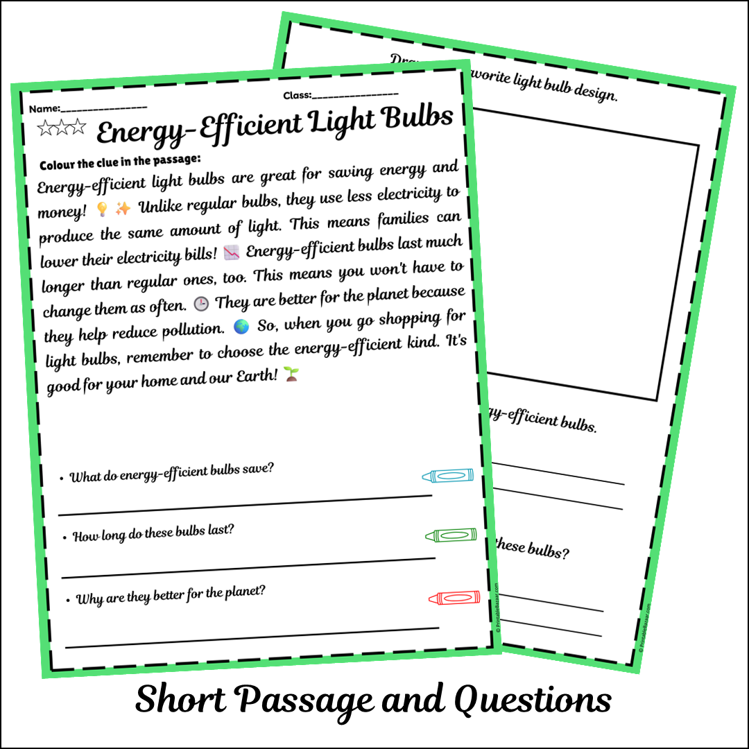 Energy-Efficient Light Bulbs | Short Reading Comprehension Creative Worksheet