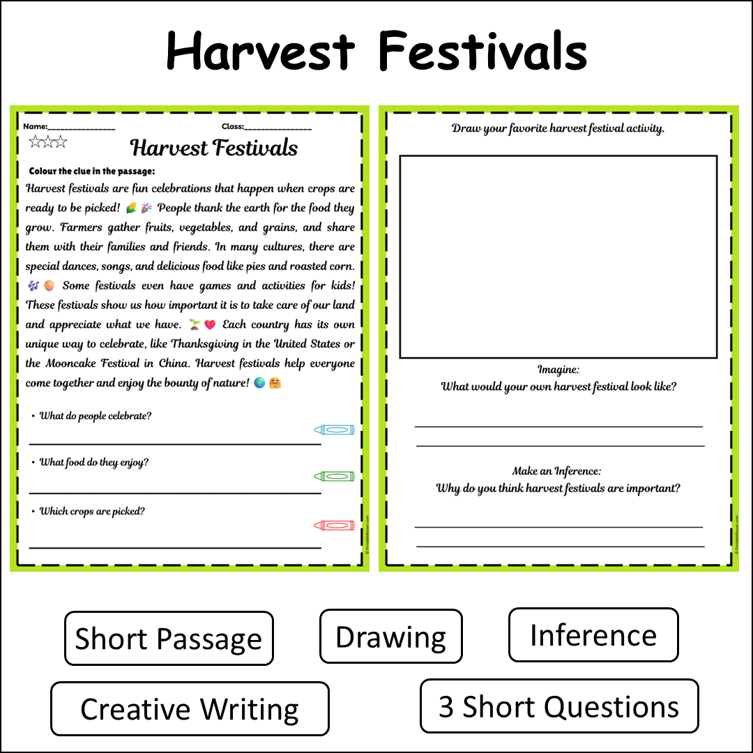 Harvest Festivals | Short Reading Comprehension Creative Worksheet