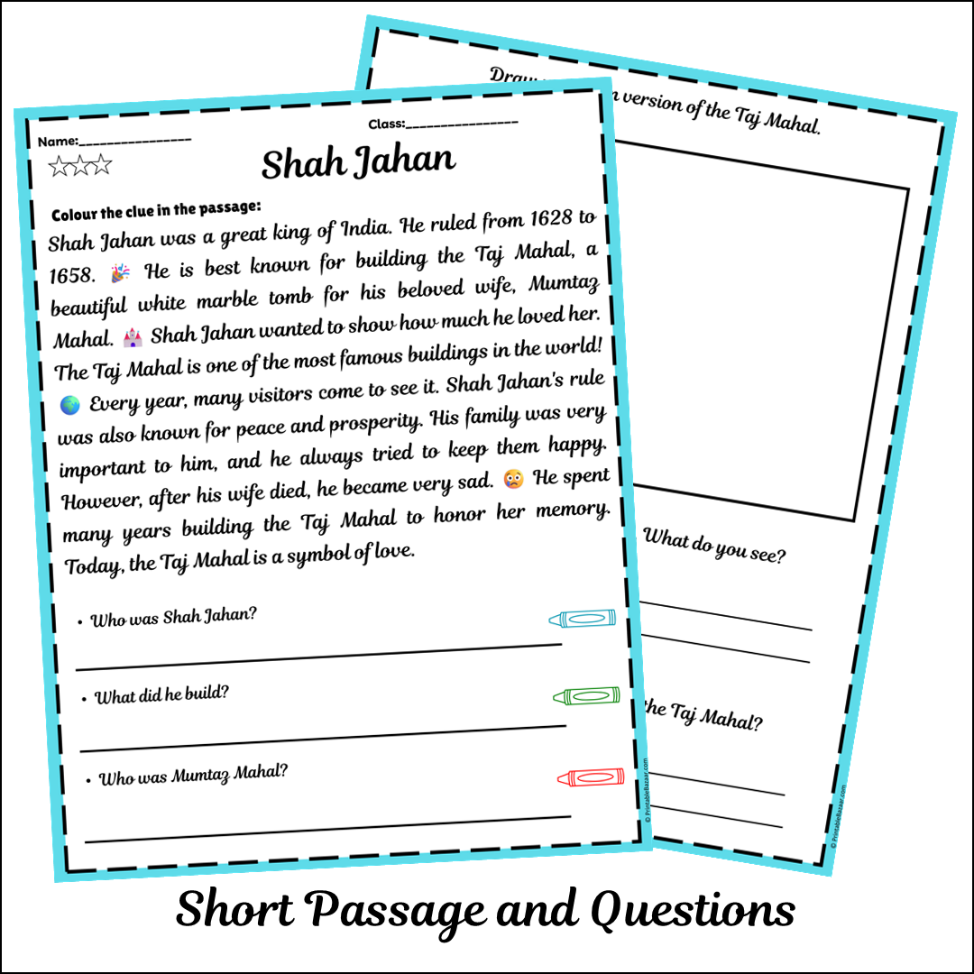 Shah Jahan | Short Reading Comprehension Creative Worksheet