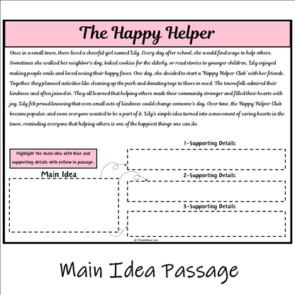 The Happy Helper | Main Idea and Supporting Details Reading Passage and Questions