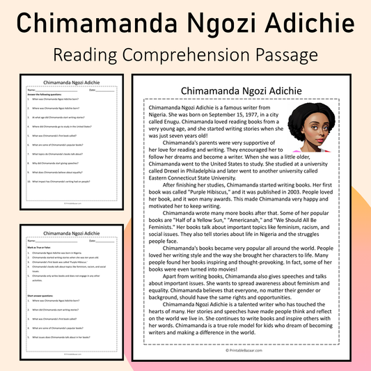Chimamanda Ngozi Adichie | Reading Comprehension Passage Printable Activity