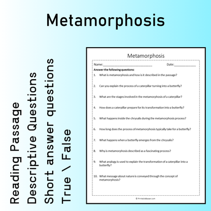 Metamorphosis | Reading Comprehension Passage Printable Worksheet