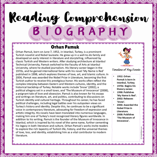 Orhan Pamuk | Biography Reading Comprehension and Questions Worksheet
