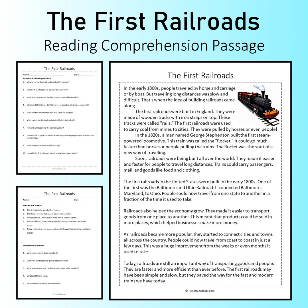 The First Railroads | Reading Comprehension Passage Printable Worksheet