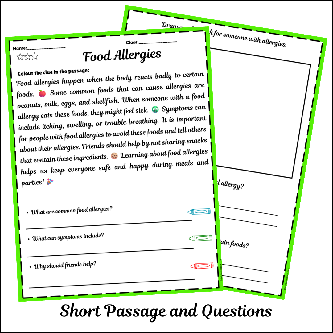 Food Allergies | Short Reading Comprehension Creative Worksheet