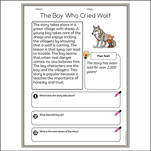 The Boy Who Cried Wolf | Reading Passage Comprehension Questions Writing Facts Worksheet