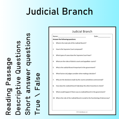 Judicial Branch | Reading Comprehension Passage Printable Worksheet
