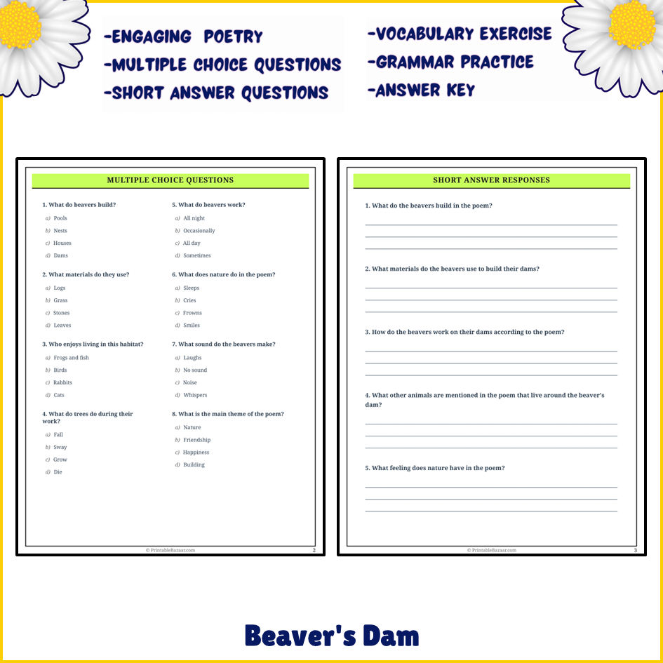 Beaver's Dam | Poem Grammar Worksheet Printable Activity