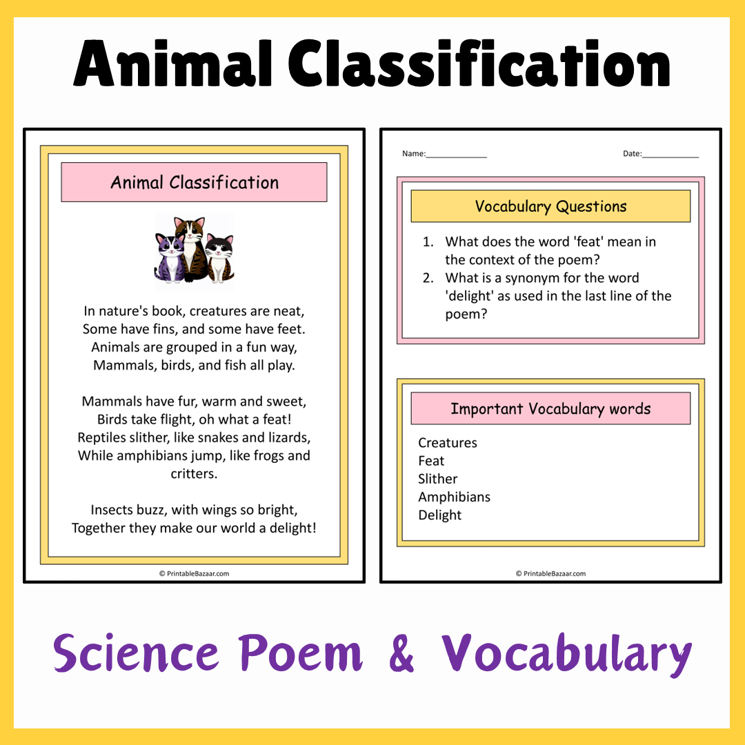 Animal Classification | Science Poem Reading Comprehension Activity