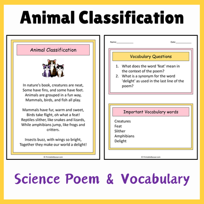 Animal Classification | Science Poem Reading Comprehension Activity